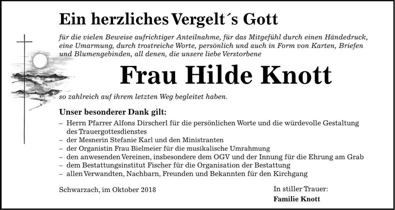 Traueranzeige Hilde Knott