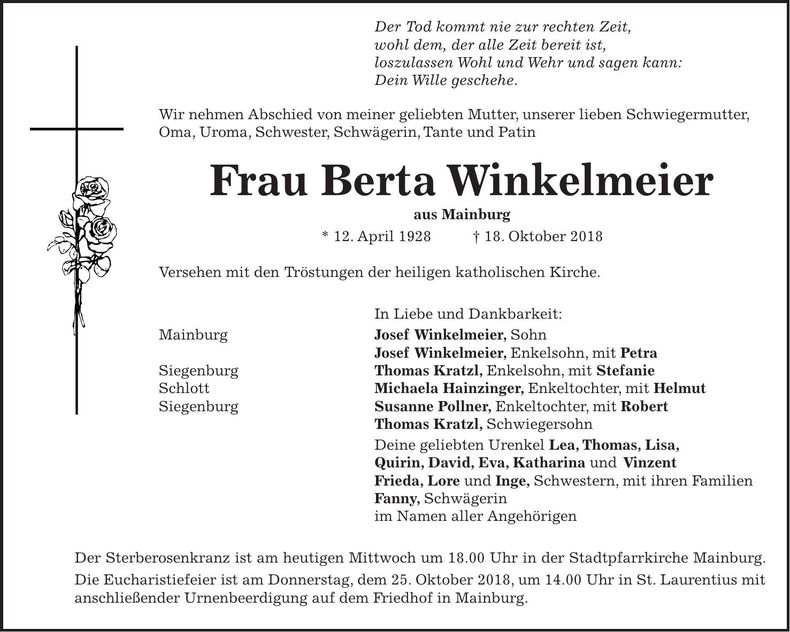Traueranzeige Berta Winkelmeier