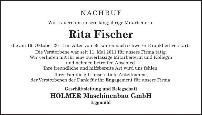 Traueranzeige Rita Fischer