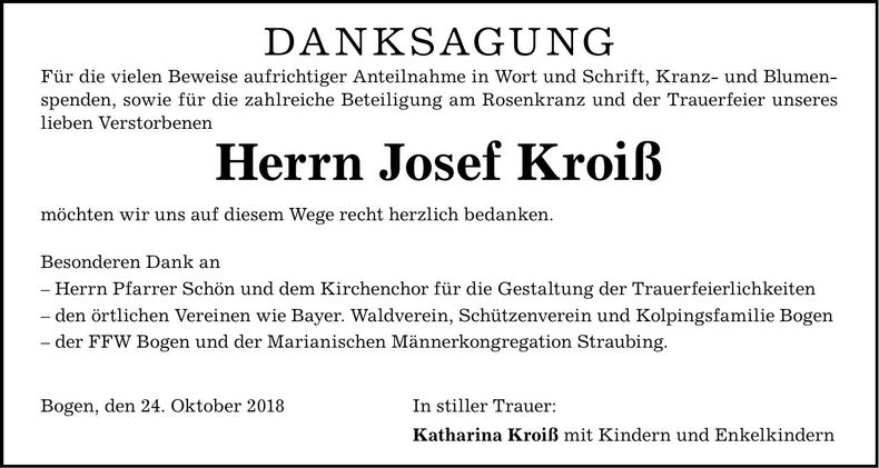 Traueranzeige Josef Kroiß