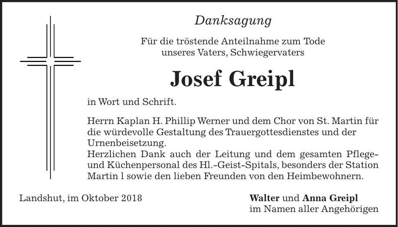 Traueranzeige Josef Greipl