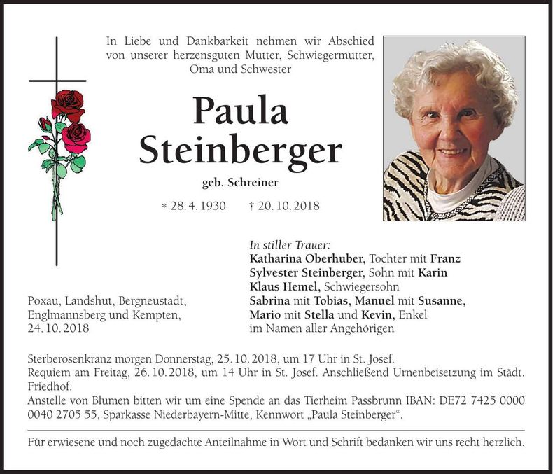 Traueranzeige Paula Steinberger