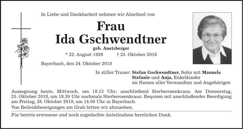 Traueranzeige Ida Gschwendtner