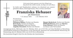 Traueranzeige Franziska Hebauer
