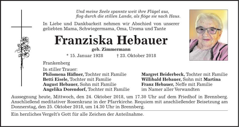 Traueranzeige Franziska Hebauer