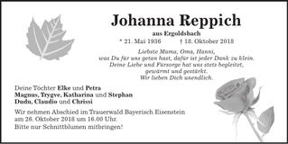 Traueranzeige Johanna Reppich