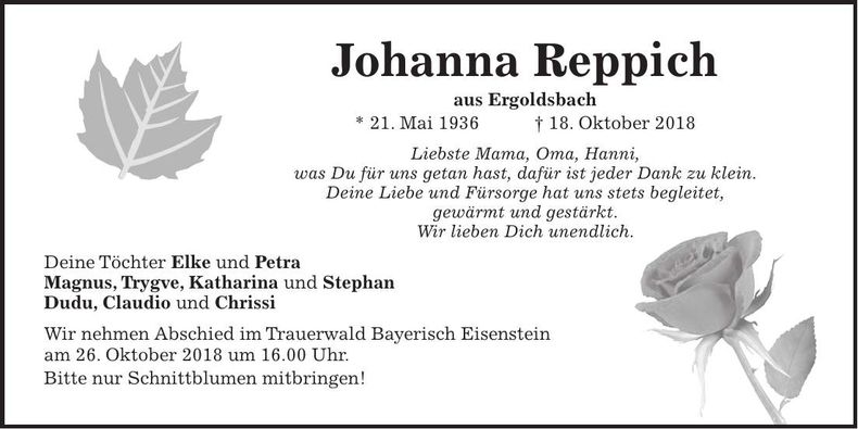 Traueranzeige Johanna Reppich