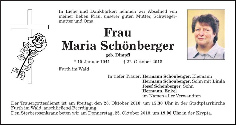 Traueranzeige Maria Schönberger