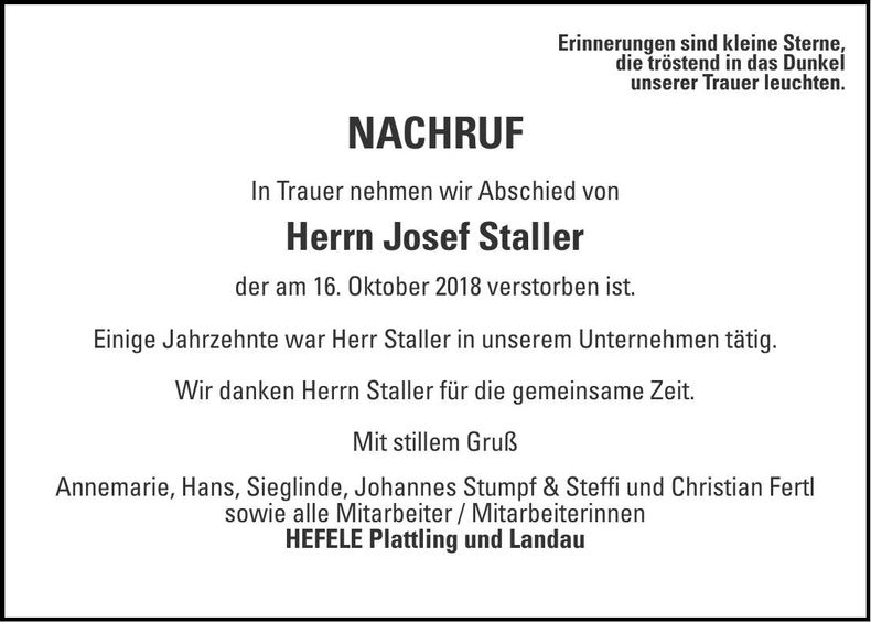 Traueranzeige Josef Staller
