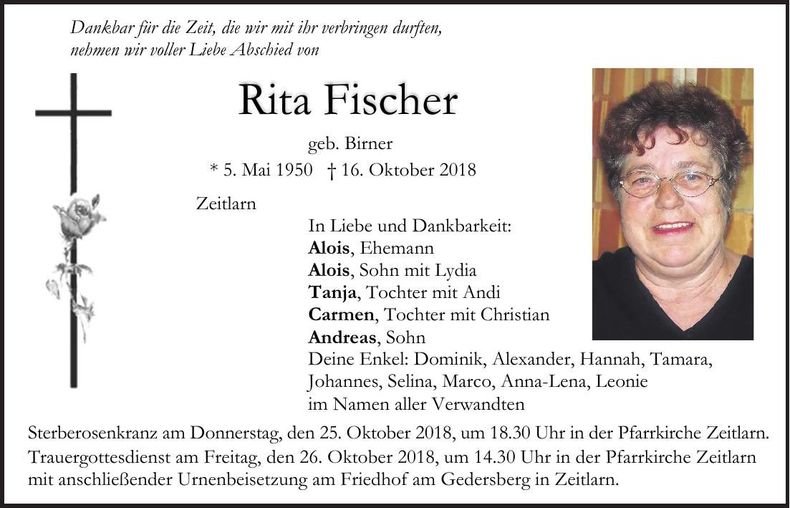 Traueranzeige Rita Fischer