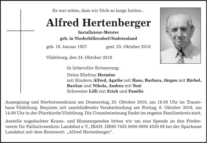 Traueranzeige Alfred Hertenberger