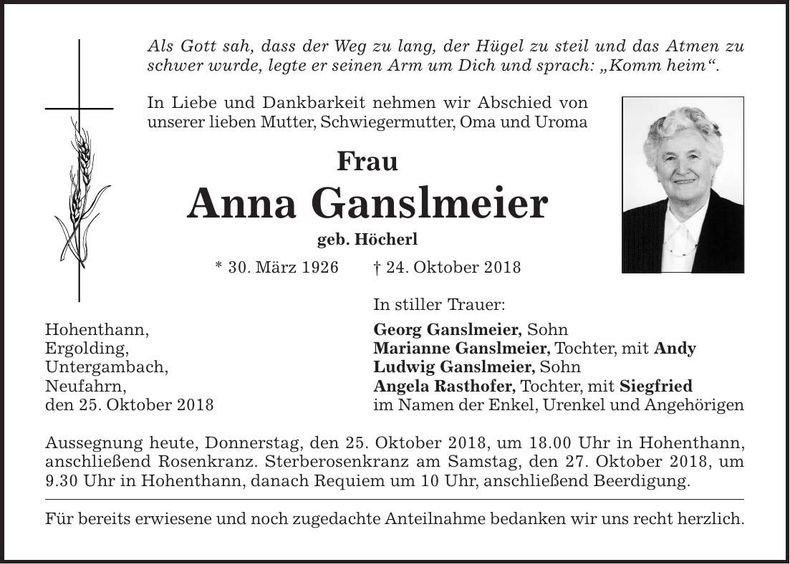 Traueranzeige Anna Ganslmeier