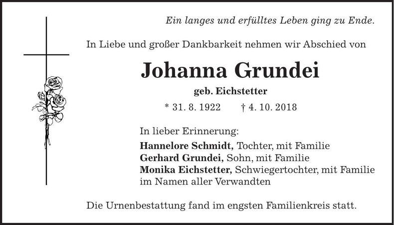 Traueranzeige Johanna Grundei
