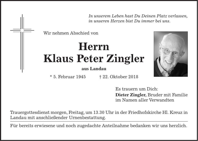 Traueranzeige Klaus Peter Zingler