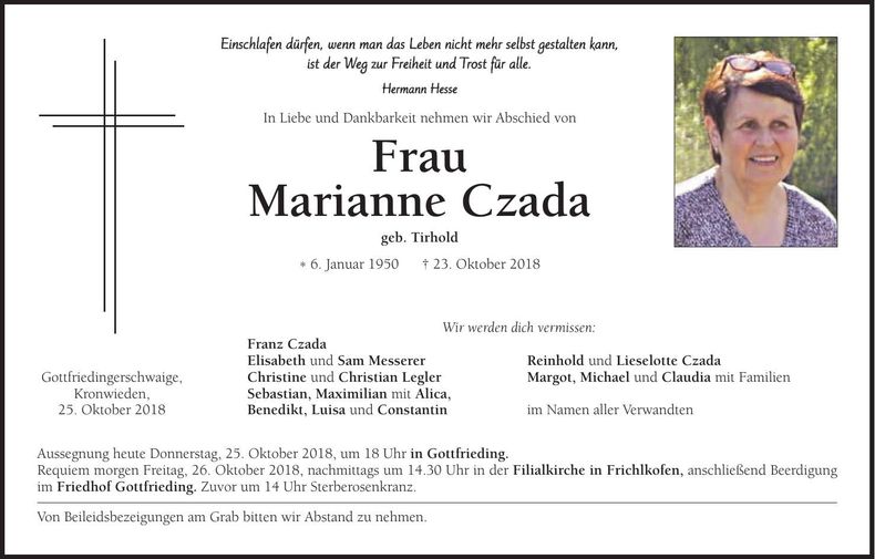 Traueranzeige Marianne Czada