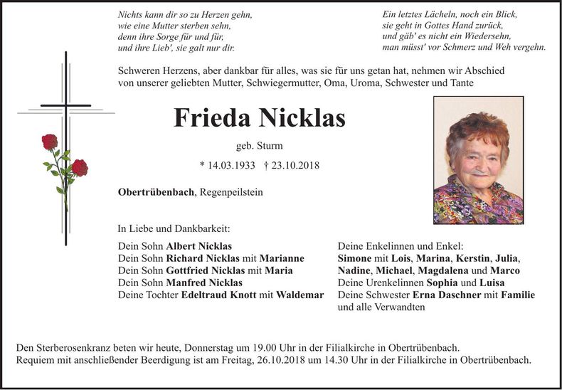 Traueranzeige Frieda Nicklas