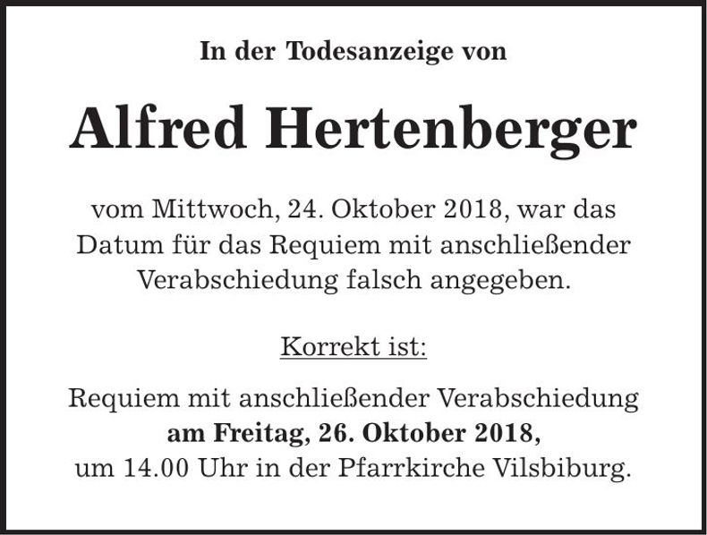 Traueranzeige Alfred Hertenberger