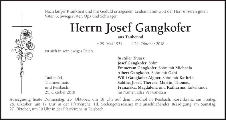 Traueranzeige Josef Gangkofer