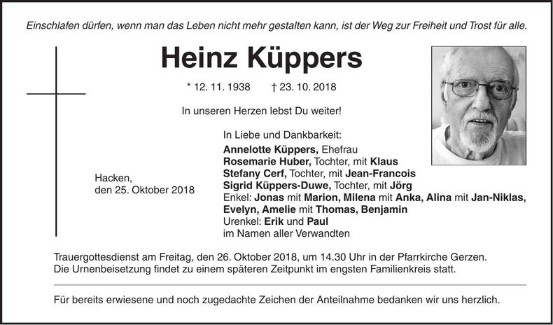 Traueranzeige Heinz Küppers