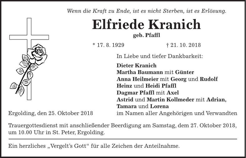 Traueranzeige Elfriede Kranich