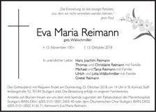 Traueranzeige Eva Maria Reimann