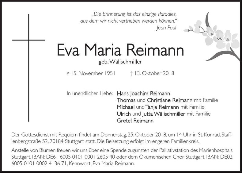 Traueranzeige Eva Maria Reimann