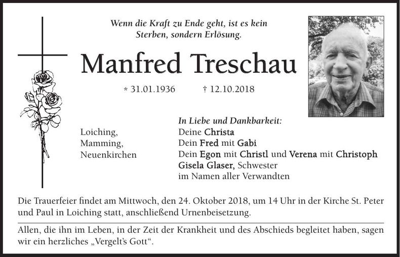 Traueranzeige Manfred Treschau
