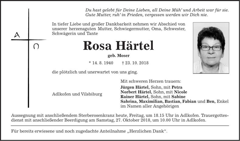 Traueranzeige Rosa Härtel