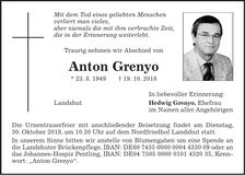 Traueranzeige Anton Grenyo