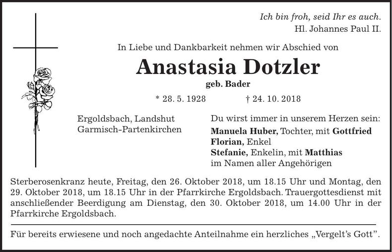 Traueranzeige Anastasia Dotzler