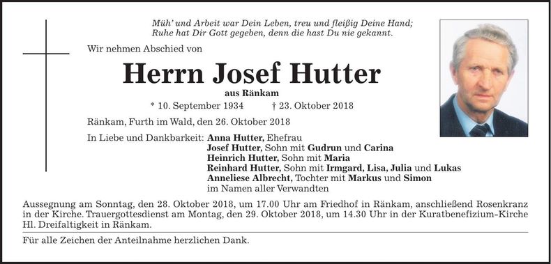 Traueranzeige Josef Hutter