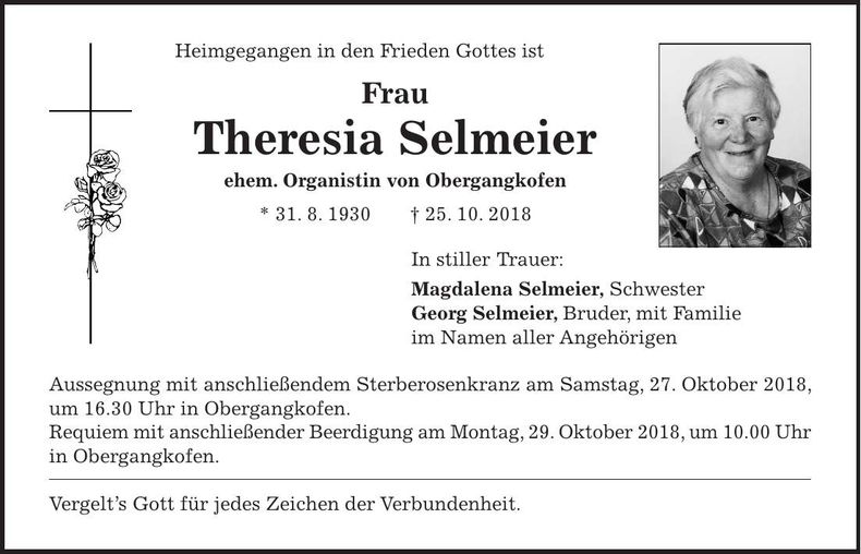Traueranzeige Theresia Selmeier