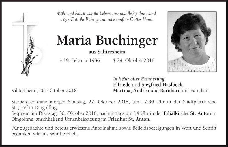 Traueranzeige Maria Buchinger