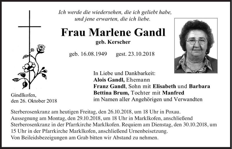 Traueranzeige Marlene Gandl