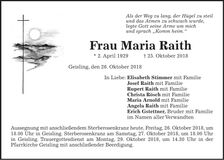 Traueranzeige Maria Raith