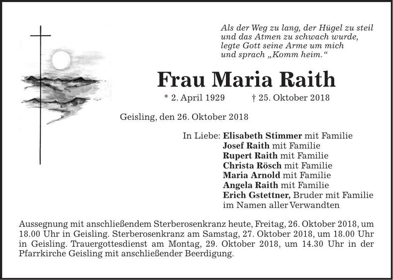 Traueranzeige Maria Raith