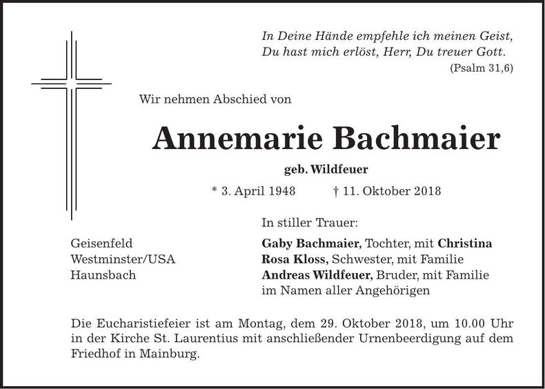 Traueranzeige Annemarie Bachmaier