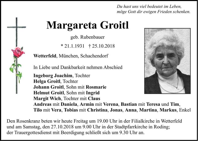 Traueranzeige Margareta Groitl
