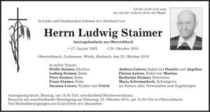 Traueranzeige Ludwig Staimer