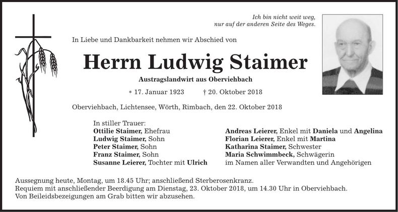 Traueranzeige Ludwig Staimer