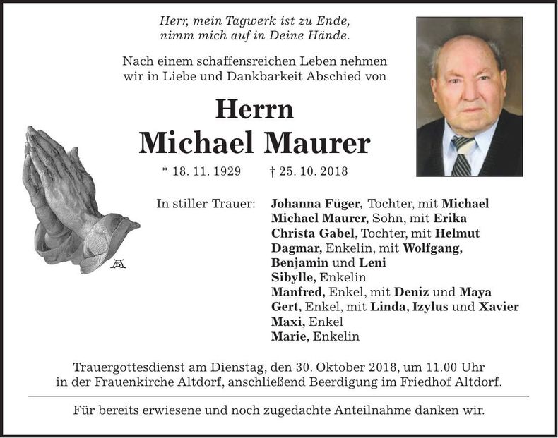 Traueranzeige Michael Maurer