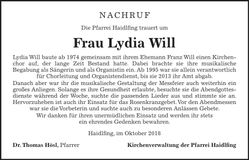 Traueranzeige Lydia Will
