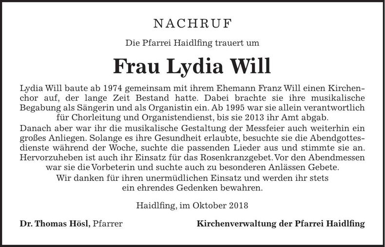 Traueranzeige Lydia Will