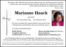 Traueranzeige Marianne Hauck