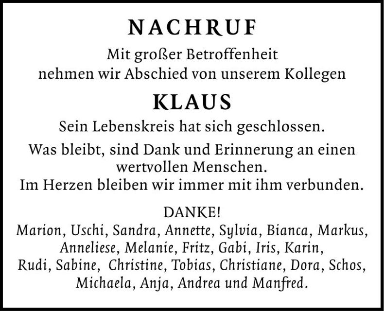 Traueranzeige Klaus Zingler