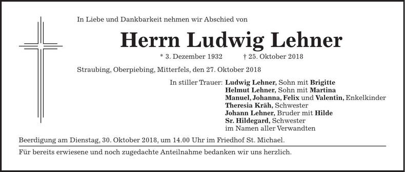Traueranzeige Ludwig Lehner