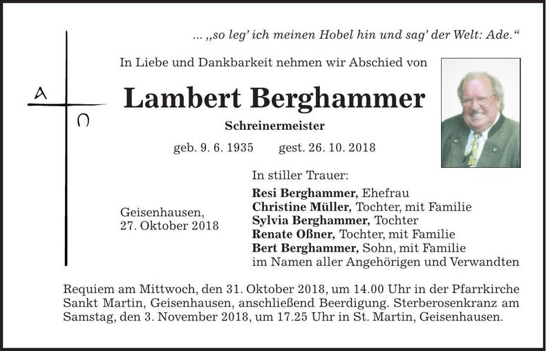 Traueranzeige Lambert Berghammer