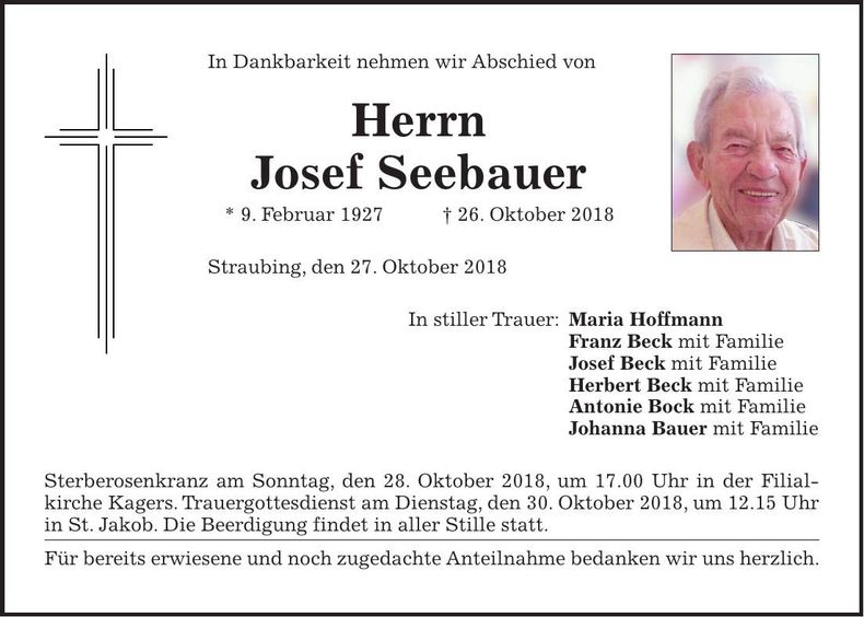 Traueranzeige Josef Seebauer