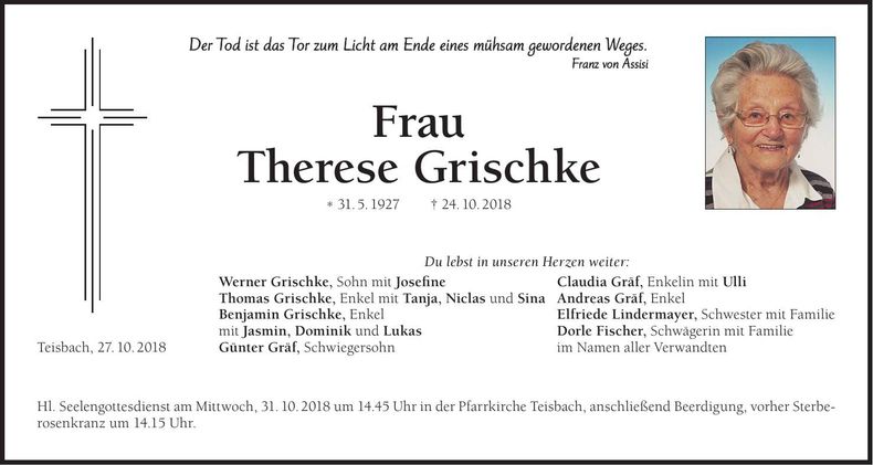 Traueranzeige Therese Grischke