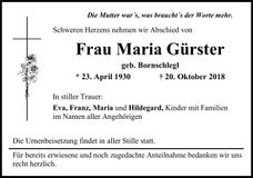 Traueranzeige Maria Gürster
